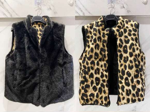 Gilet réversible fourrure/leopard